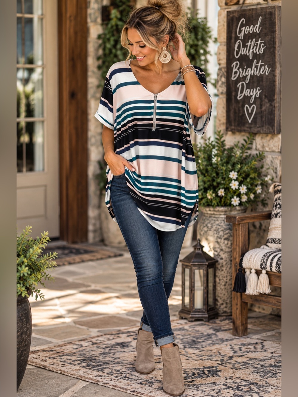 Torrid 0 Striped Zip Front Tunic Top Teal Navy Blush Relaxed Fit